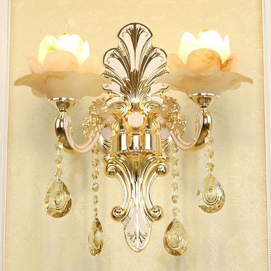 Flower Wall Sconce With Faux Jade Glass And Crystal Drops In Silver 2 / Lotus