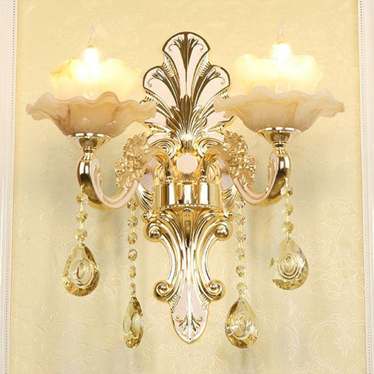 Flower Wall Sconce With Faux Jade Glass And Crystal Drops In Silver 2 /