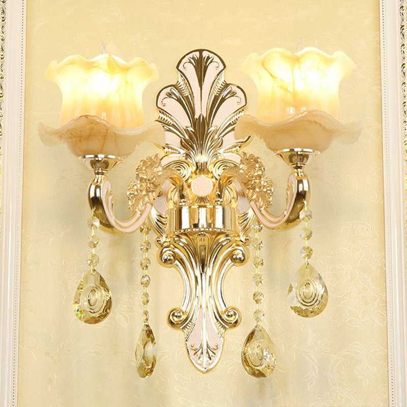 Flower Wall Sconce With Faux Jade Glass And Crystal Drops In Silver 2 / Shape