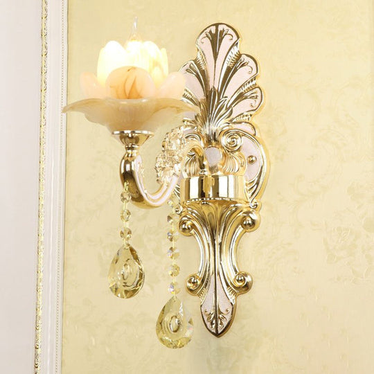 Flower Wall Sconce With Faux Jade Glass And Crystal Drops In Silver 1 / Lotus
