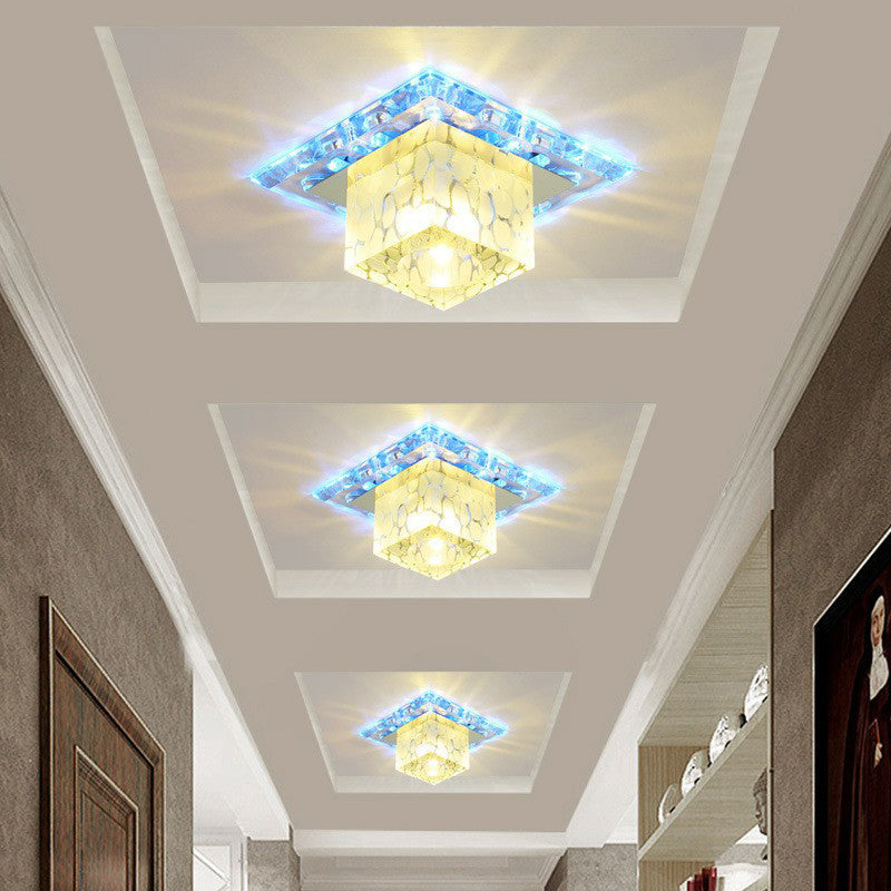 Plafonnier de couloir minimaliste à DEL avec abat-jour en cristal cubique - Luminaire encastré transparent