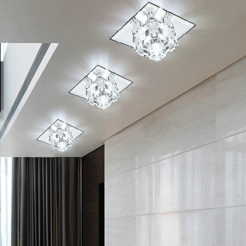 Minimalist Led Ceiling Lamp With Clear Crystal Cube Flush Mount & Checkered Pattern For Living Room