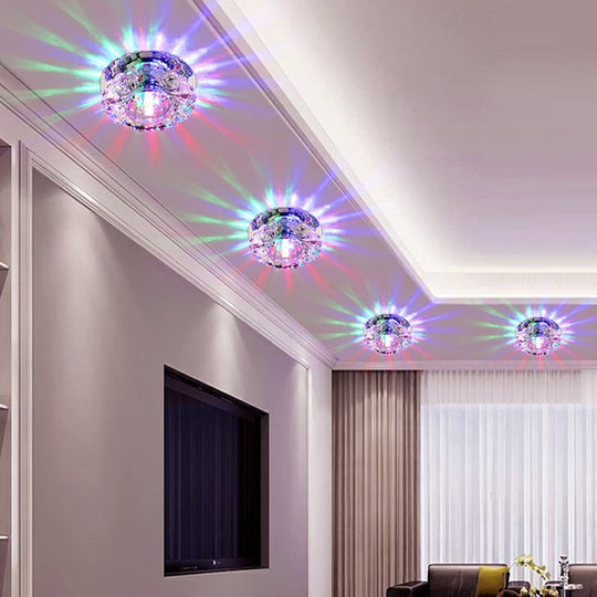 Contemporary Led Flush Mount Crystal Ceiling Light - Minimalist Clear Round Fixture For Hallways