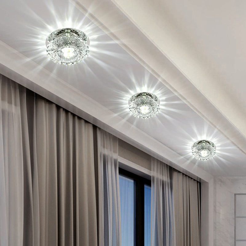 Contemporary Led Flush Mount Crystal Ceiling Light - Minimalist Clear Round Fixture For Hallways
