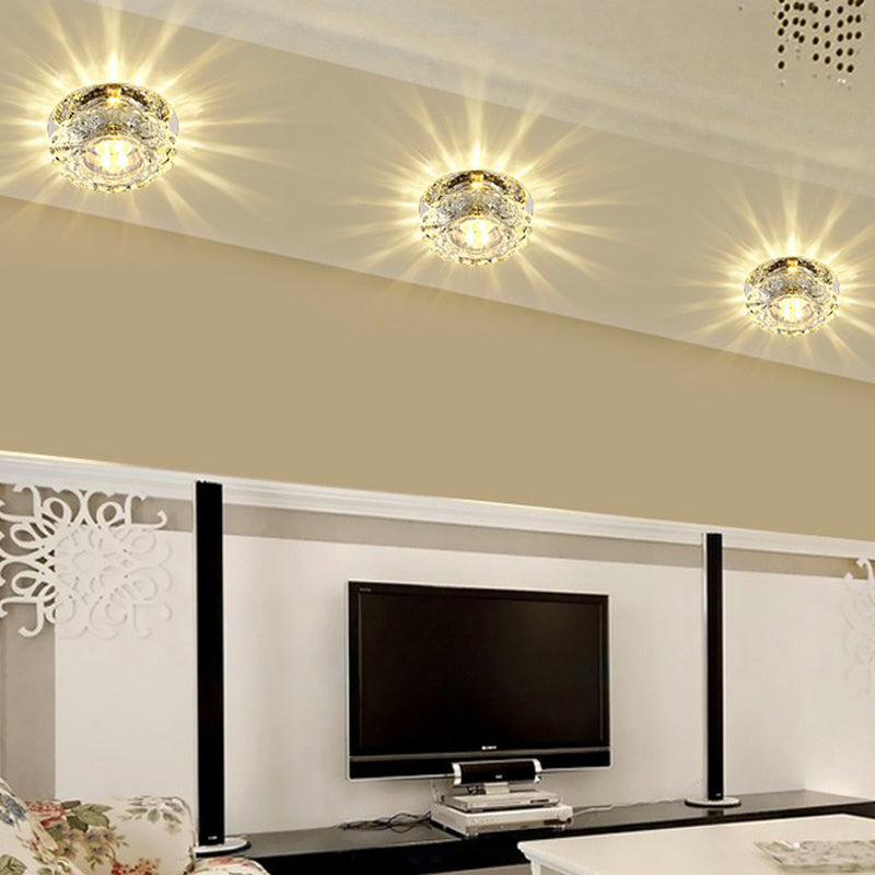 Contemporary Led Flush Mount Crystal Ceiling Light - Minimalist Clear Round Fixture For Hallways