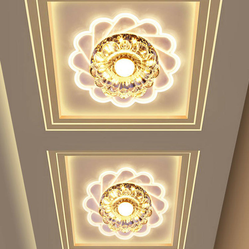 Contemporary Crystal Led Flush Mount Ceiling Light - Clear Flower Design For Hallway