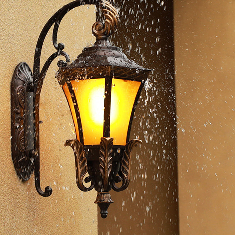 Vintage Black Wall Sconce Light With Amber Glass - Flared Design For Villa And Garden