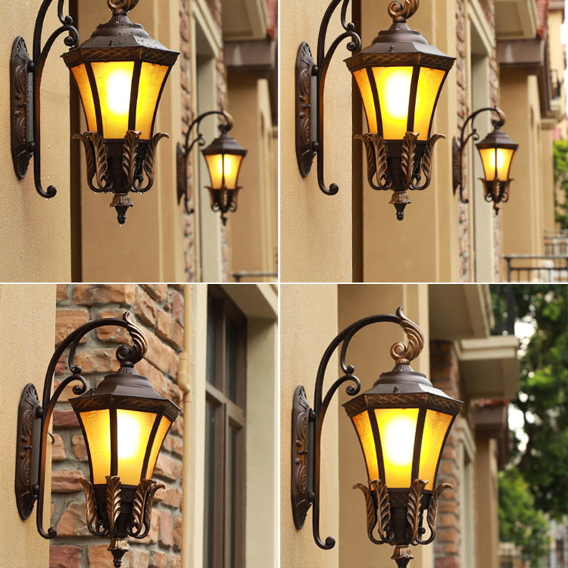 Vintage Black Wall Sconce Light With Amber Glass - Flared Design For Villa And Garden