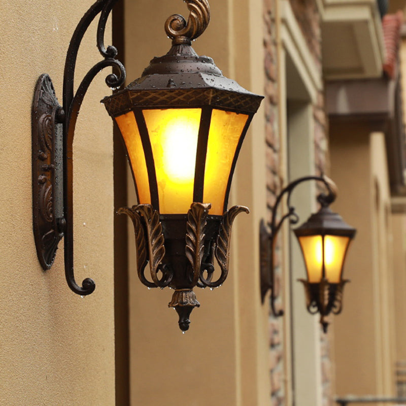 Vintage Black Wall Sconce Light With Amber Glass - Flared Design For Villa And Garden