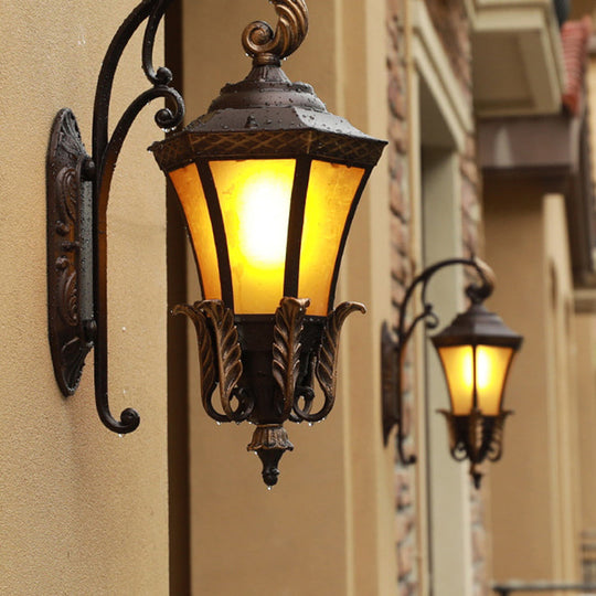 Vintage Black Wall Sconce Light With Amber Glass - Flared Design For Villa And Garden