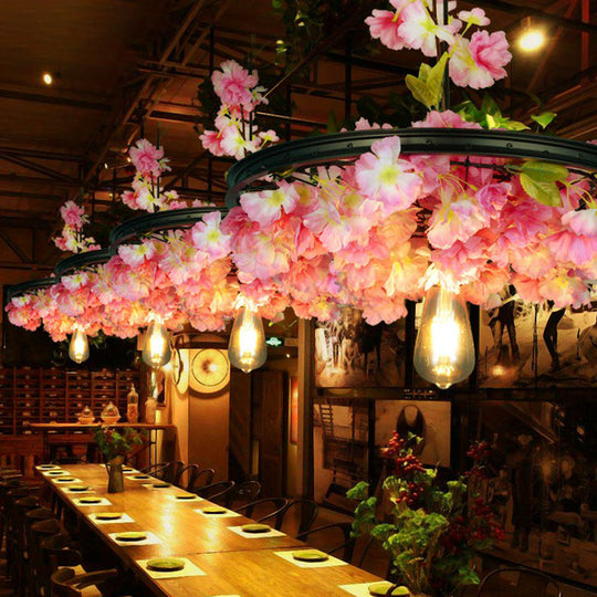 Rustic Wagon Wheel Pendant Light With Iron Suspension And Artistic Plant Design