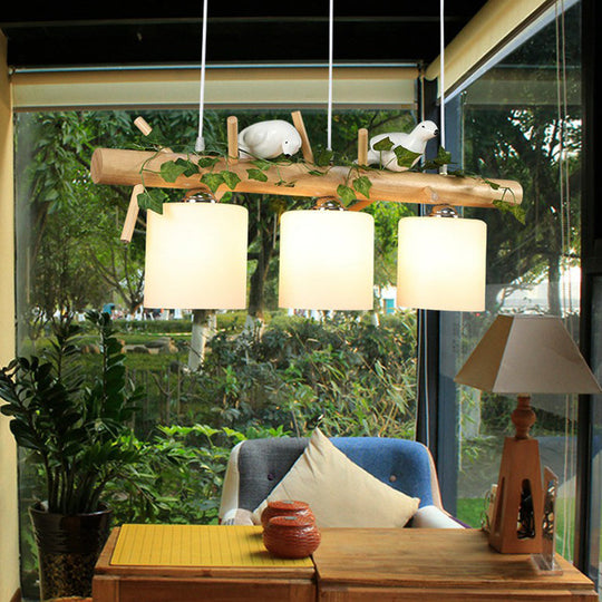 Cylindrical Milk Glass Island Lamp With Bird Deco For Country Style Restaurants