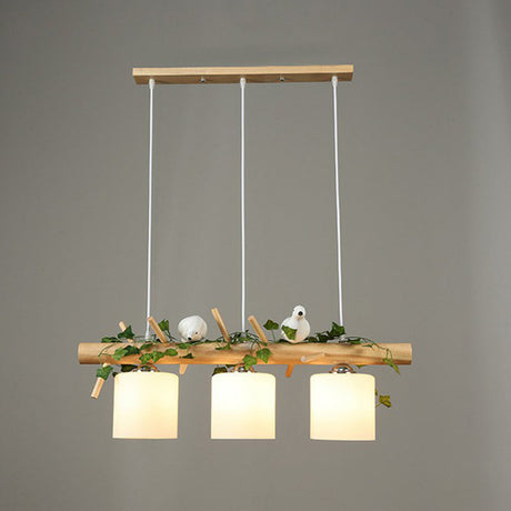 Country Style Milk Glass Cylindrical Island Lamp: Suspension Light With Resin Bird Deco 3 / Green