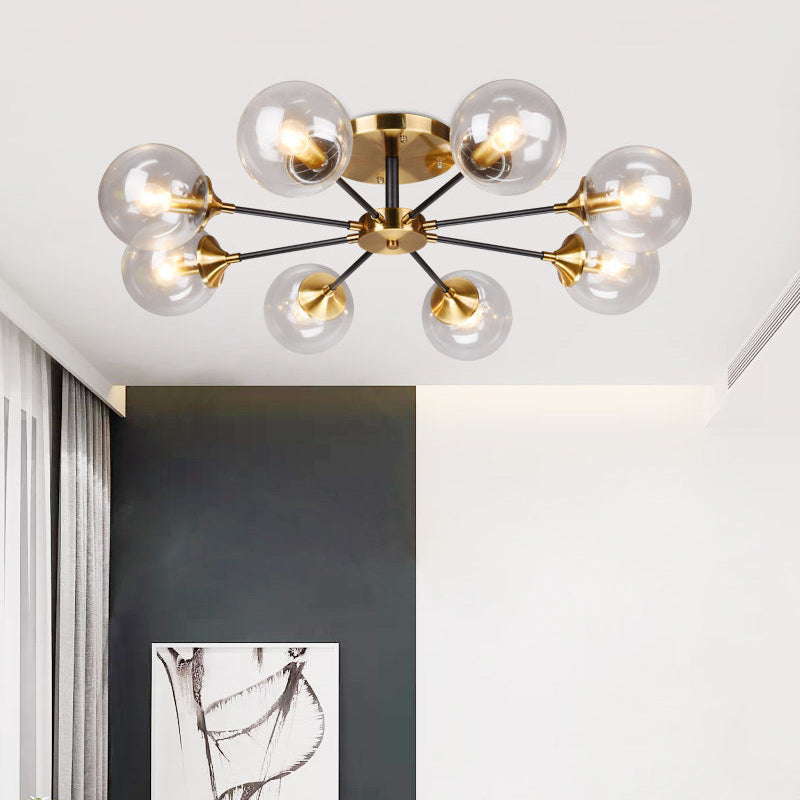 Postmodern Brass Finish Radial Ceiling Lamp With Glass Ball Shade