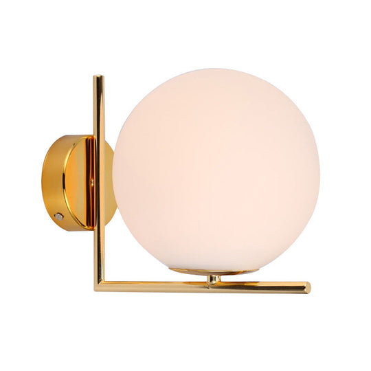 Opaline Glass Ball Wall Lamp With Right Angle Arm In Brass - Minimalist & Elegant