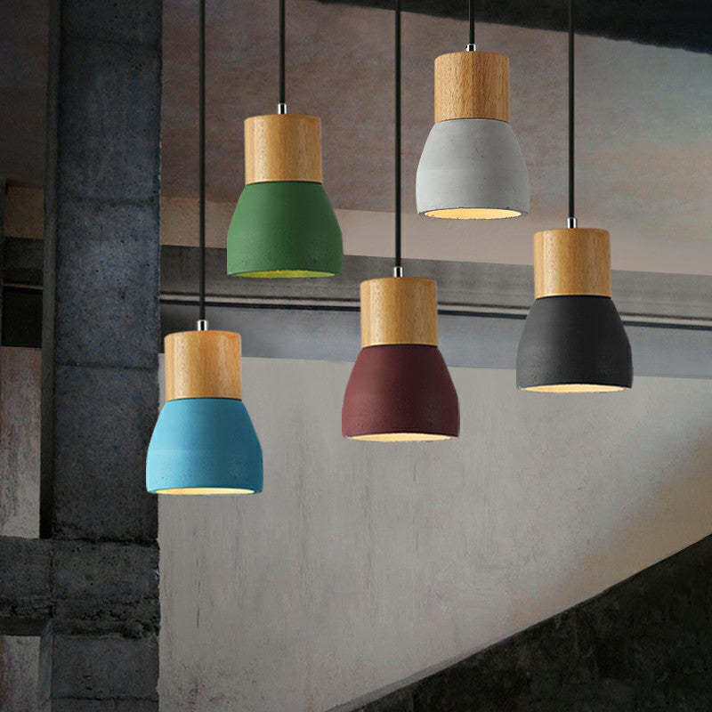 Nordic Mini Pendant Light With Cement Shade And Wood Top - Single-Bulb Ceiling Fixture For