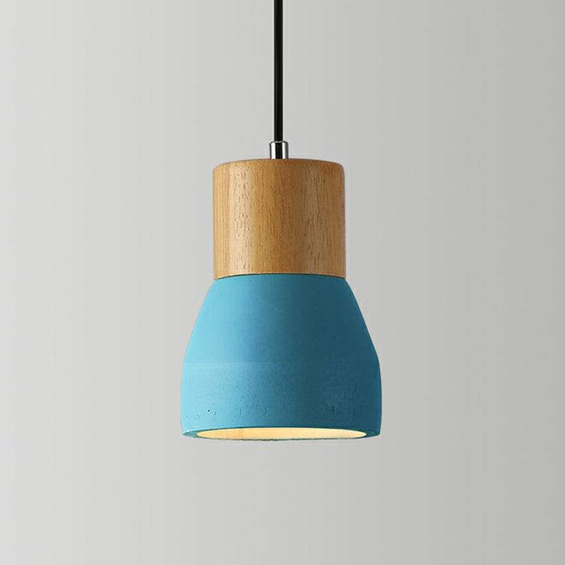 Nordic Mini Pendant Light With Cement Shade And Wood Top - Single-Bulb Ceiling Fixture For