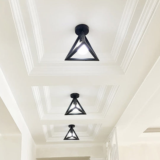 Sleek Black Iron 1 - Light Semi Flush Ceiling Light - Industrial Style / Triangle
