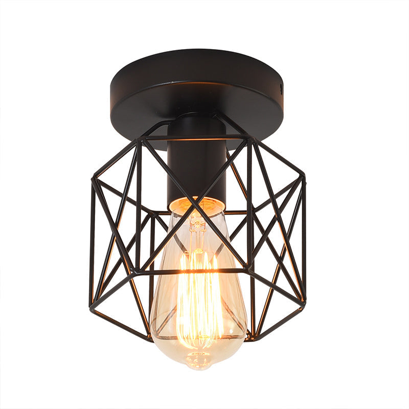 Industrial Iron Hexagonal Balcony Ceiling Light - Semi Flush Mount Fixture With 1 - Bulb