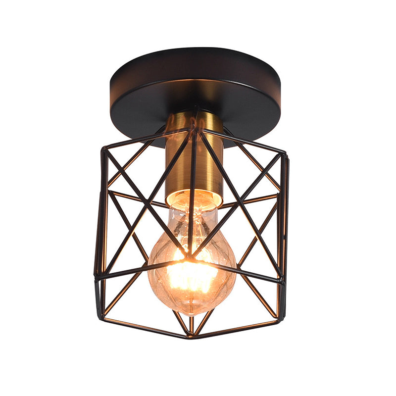 Industrial Iron Hexagonal Balcony Ceiling Light - Semi Flush Mount Fixture With 1 - Bulb Gold