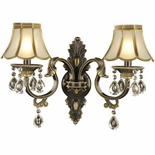 Scalloped Wall Light Traditional Gold-Black Opal Glass Sconce With Crystal Decorations (2 Heads)