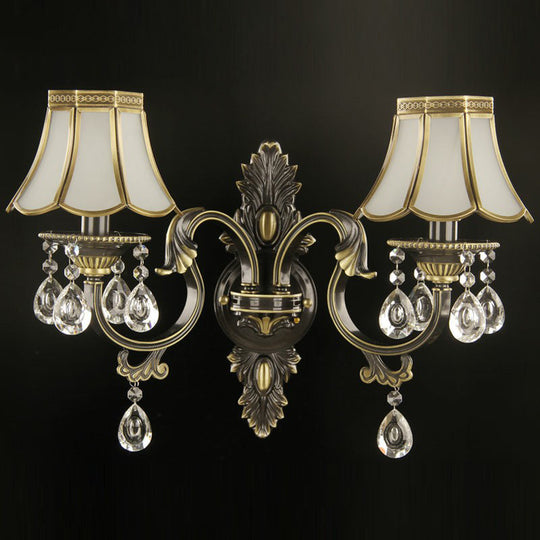 Scalloped Wall Light Traditional Gold-Black Opal Glass Sconce With Crystal Decorations (2 Heads)