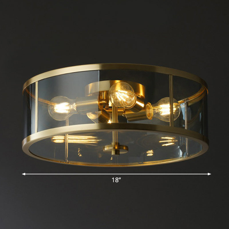 Simplicity Brass Clear Glass 4-Bulb Drum Flush Ceiling Light For Bedroom