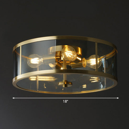 Simplicity Brass Clear Glass 4-Bulb Drum Flush Ceiling Light For Bedroom