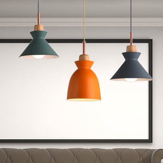 Modern 3-Light Metal Pendant With Multi-Color Cones And Domes Hanging From Linear/Round Canopy -