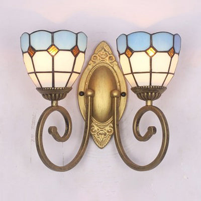 Mediterranean Stained Glass Wall Sconce With Dual Head Bowl Lighting In White/Clear For Living Room