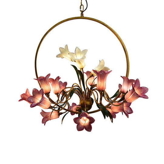 Rustic Hand-Blown Glass Lily Flower Chandelier For Living Room With Metal Ring