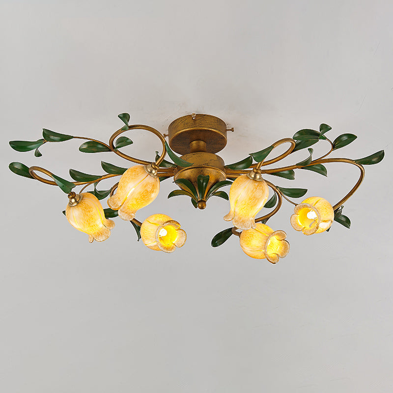 Pomegranate Flower Flushmount Glass Ceiling Light - 6 - Head Semi Flush Mount For Dining Room Yellow