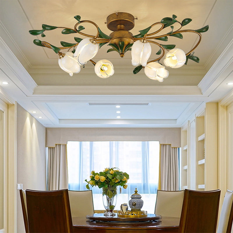 Pomegranate Flower Flushmount Glass Ceiling Light - 6 - Head Semi Flush Mount For Dining Room