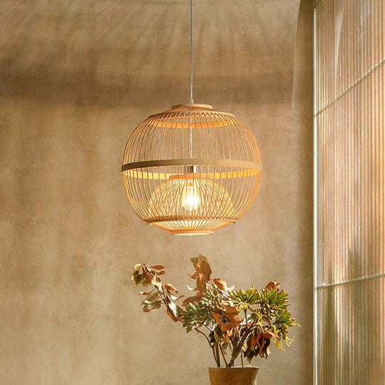 Nordic 1-Head Bamboo Pendant Lamp - Wood Cage Suspension Light For Dining Room