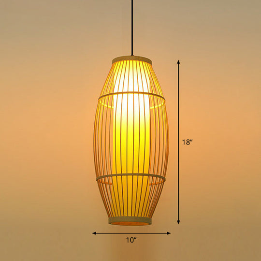 Bamboo Barrel Asian Pendant Light For Restaurants - Wood Finish With 1 Bulb / 10’