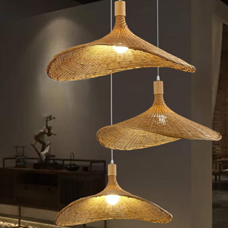 Asian Bamboo Pendant Light With Hat Design - 1-Light Wood Hanging Lamp For Tearoom