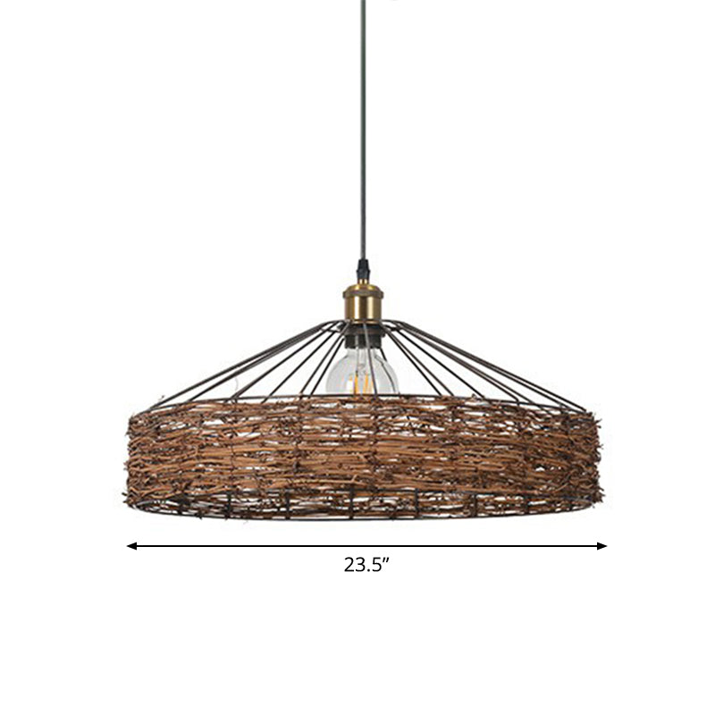 Country Style Hanging Rattan Barn Pendant Light - Brown 1 Bulb Ideal For Dining Room / 23.5
