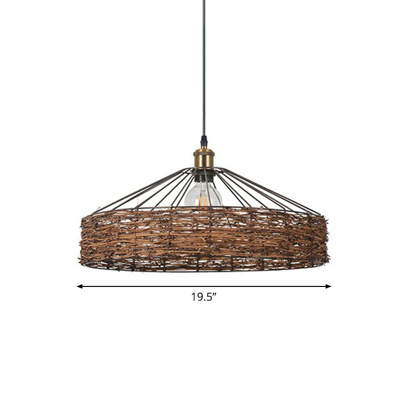 Country Style Hanging Rattan Barn Pendant Light - Brown 1 Bulb Ideal For Dining Room / 19.5