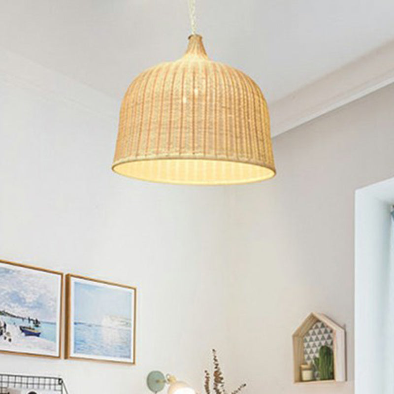 Bamboo Hanging Lamp: Modern Cloche Shape Wood Ceiling Light For Bedroom