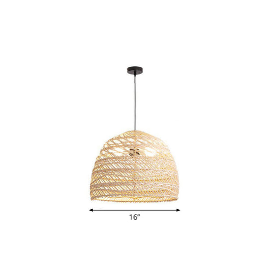 Rustic Rattan Domed Pendant Lamp - 1-Head Bedroom Ceiling Light Wood / Small Round