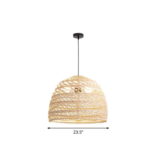 Rustic Rattan 1-Head Domed Pendant Lamp For Bedroom Ceiling Wood / Large Round