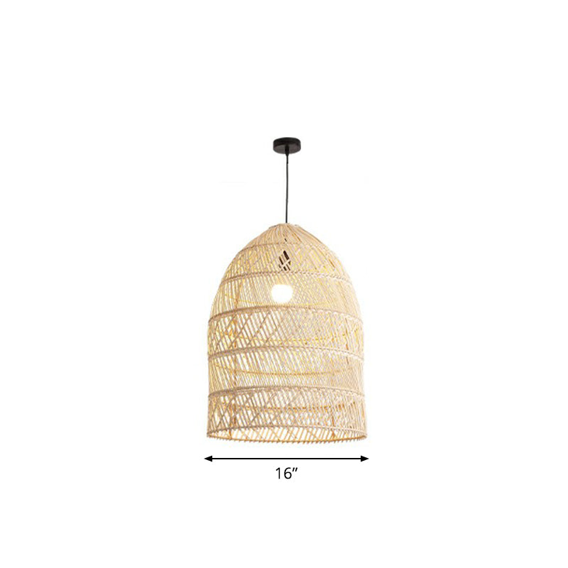 Rustic Rattan 1-Head Domed Pendant Lamp For Bedroom Ceiling Wood / Small Oval