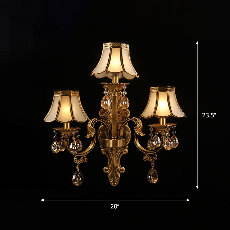 Traditional Brass Finish Scalloped Wall Sconce With Frosted Glass And Crystal Deco - 3 Heads