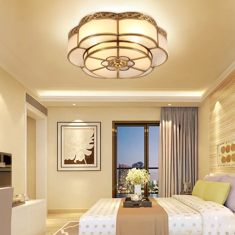 Vintage Opal Glass Floral Ceiling Light Brass Flush Mount Fixture For Bedroom