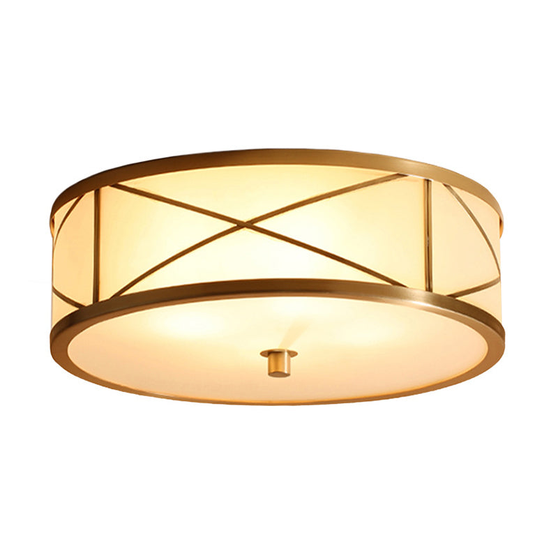 Modern Opal Glass Ceiling Mounted Flushmount With Brass X Brace Fixture - Simplicity Drum Lighting