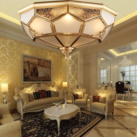 Classic Brass Flush Mount Ceiling Light Fixture With Frost Glass - Ideal For Living Room