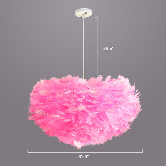 Nordic Style Bedroom Suspension Light Fixture With Feather Dome Pendant Shade Pink / 31.5’