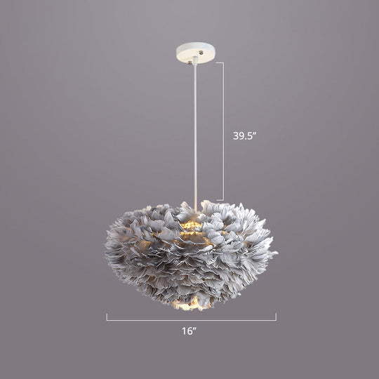 Nordic Style Bedroom Suspension Light Fixture With Feather Dome Pendant Shade Grey / 16’