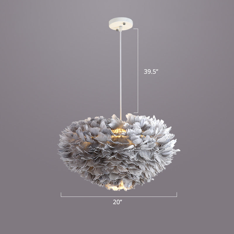 Nordic Style Bedroom Suspension Light Fixture With Feather Dome Pendant Shade Grey / 20’