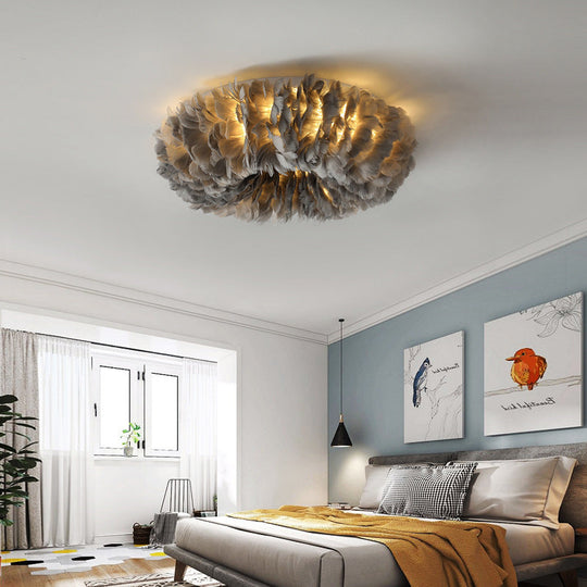 Feather Modernist Donut Flush Ceiling Light - Chic Girls Room Lighting Fixture Grey / 16